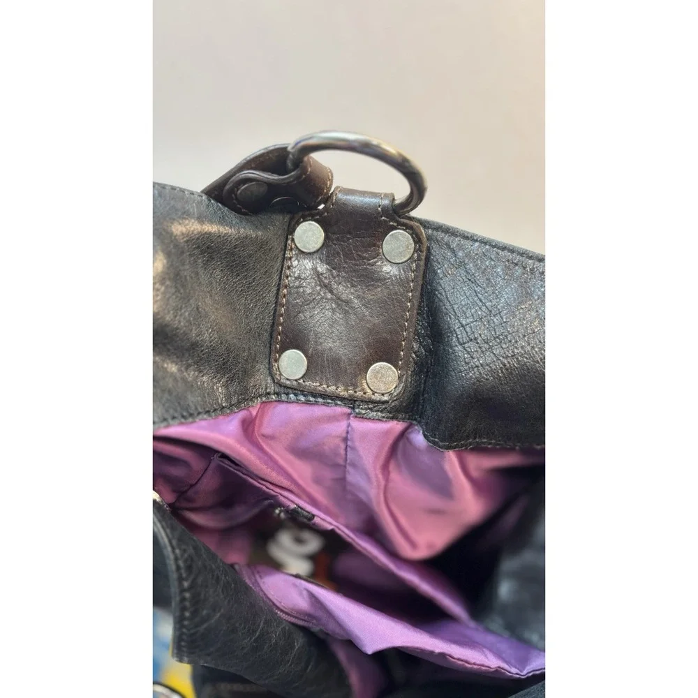 TANO Black Leather Hobo Shoulder Bag Purple Lining Studded Hardware